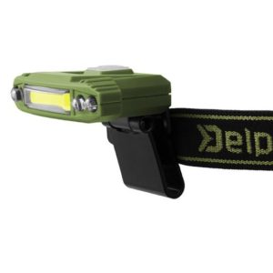 Delphin RAZOR USB to praktyczna lampka czołowa LED z wbudowanym akumulatorem litowo-jonowym 500 mAh w kolorze zielonym. 