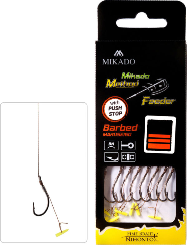 Sklep z Mikado Śląsk - PRZYPON METHOD FEEDER - Z PUSH STOPEM - hak z zadziorem nr 10 / plecionka: 0.12mm/10cm - op.8szt.