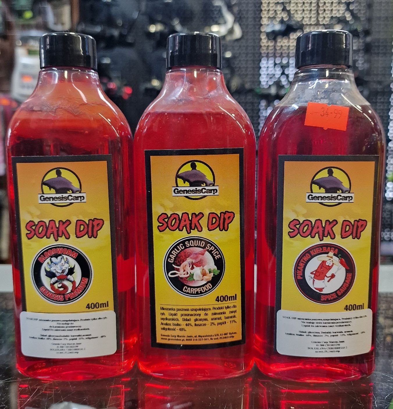 Genesis Carp SoakDip 2+1 gratis - Bloodworm + Garlic Squid + Pikantna Kiełbasa